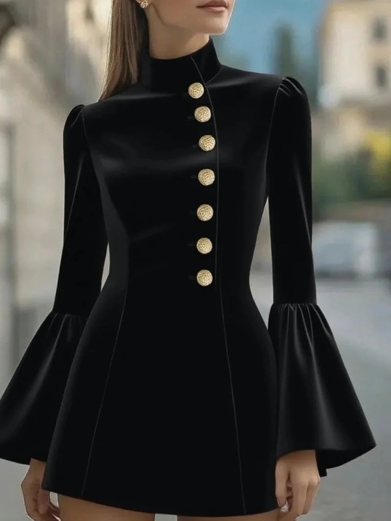Autumn temperament slim solid colour stand-up collar flared sleeve single-breasted suit dress