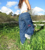 Y2k Trendy Korean Style Jeans Harajuku Retro Simple Angel Print Loose Jeans Fashion New Low Rise Solid Color Straight Leg Pants