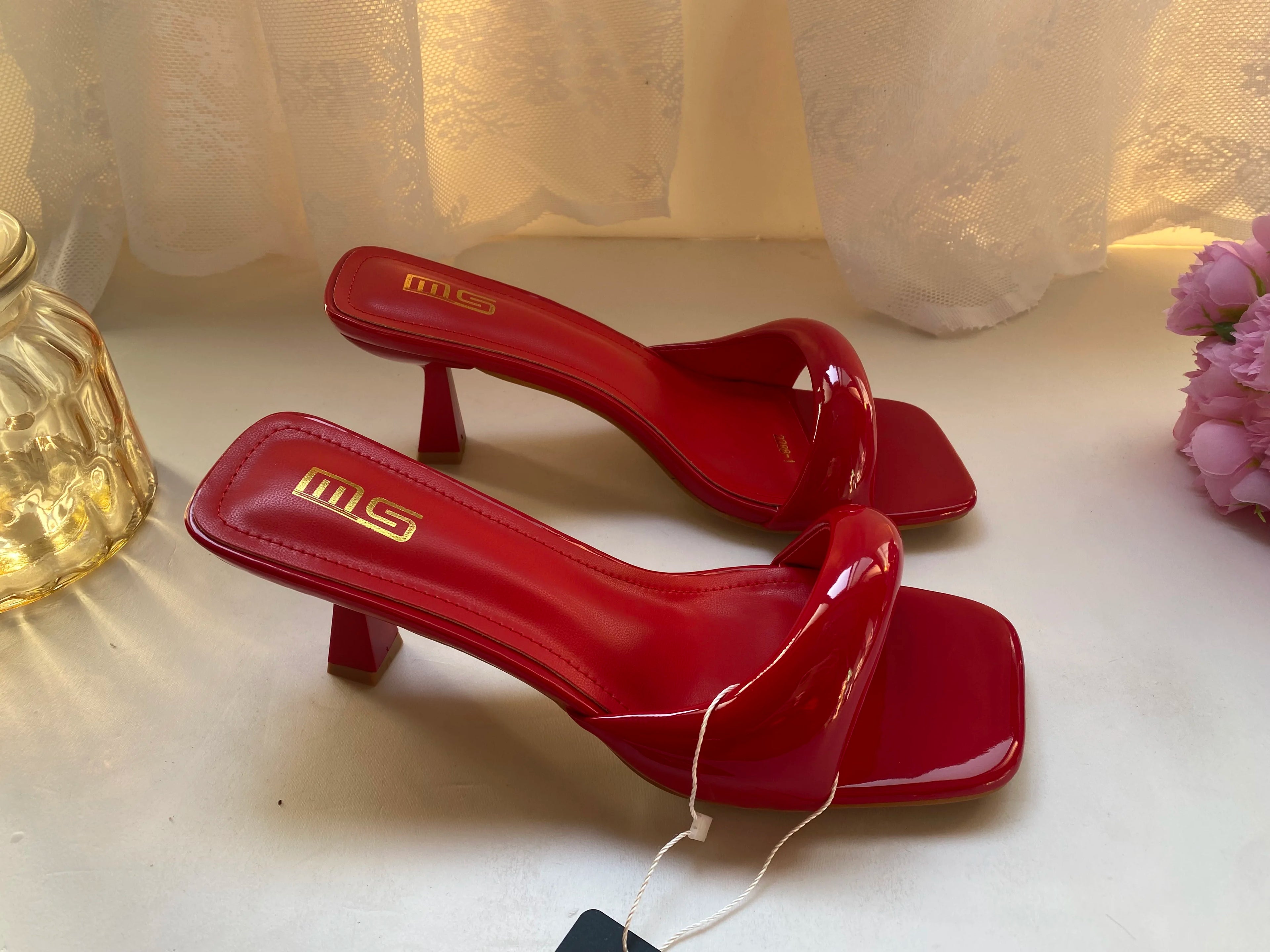 Black Red High Heel Slippers Women Open Toe Slingback Sandals Female Pumps Square Toe Summer Simple Designer Heeled Sandals
