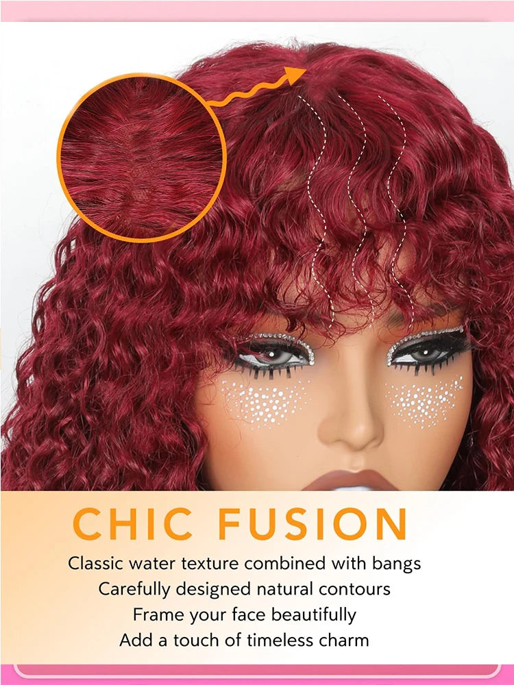 99J Burgundy Curly Wig with Bangs Human Hair Brazilian 200 Density Water Wave Wear and Go Glueless Red Colored Wigs For Women Secondary image