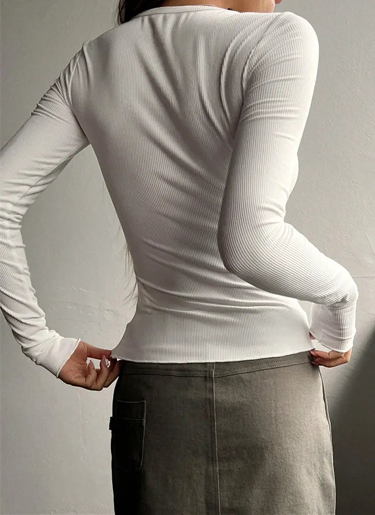 Women Fall Spring Top O Neck Button Long Sleeve Shirts Solid Color Slim Fit Pullover T-shirt Blouse Simple Style Lady Costume