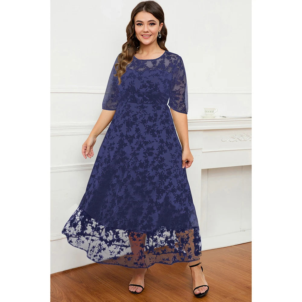 Plus Size Formal Black Lace Flocking Mesh Velvet Double Layer Tunic Maxi Dress Round Neck Long Dress