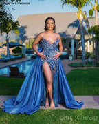 EVLAST Customized Blue Mermaid Prom Dress Pearls Beaded High Slit Detachable Train Evening Gown For Special Occasion E3P386