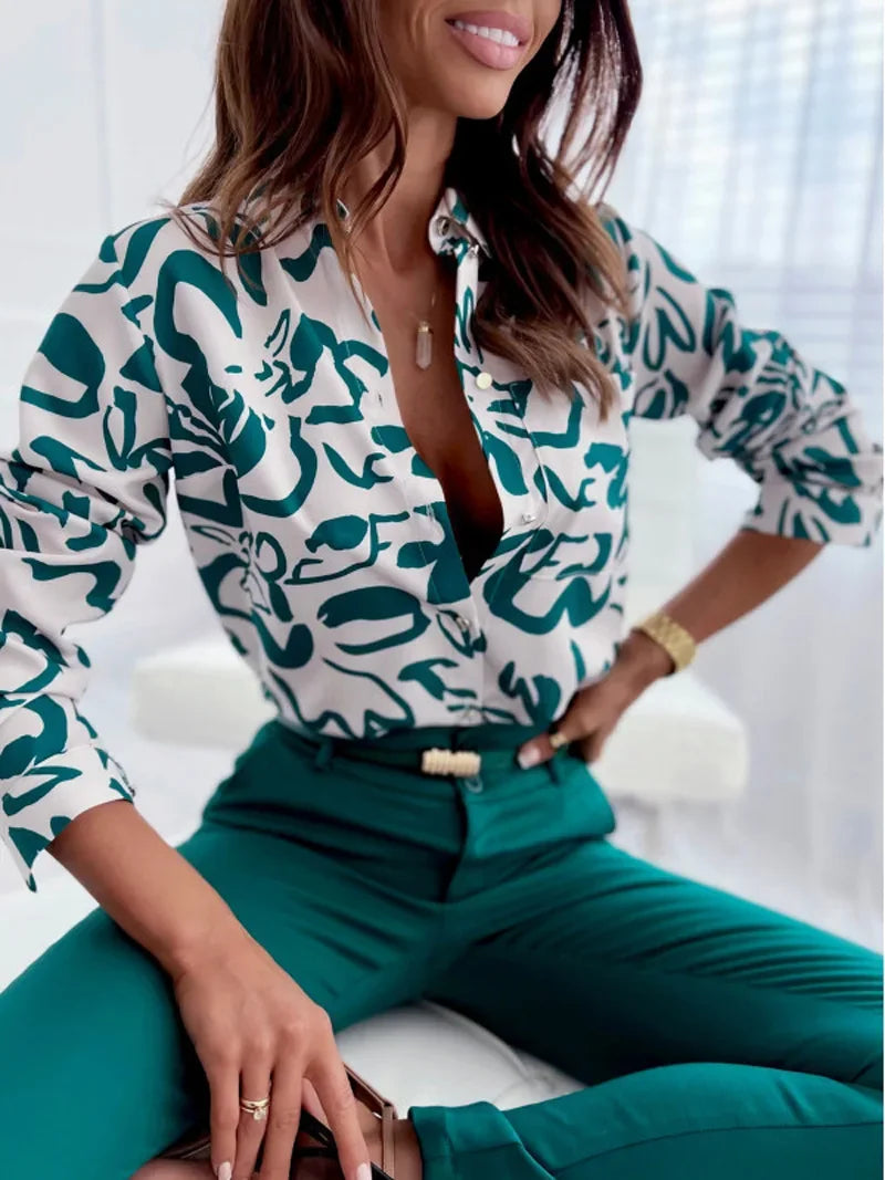 Women Geometric Print Shirt, Spring and Autumn Fashion Long-sleeved Shirts, Camisa Girls Chemise Size S M L XL XXL