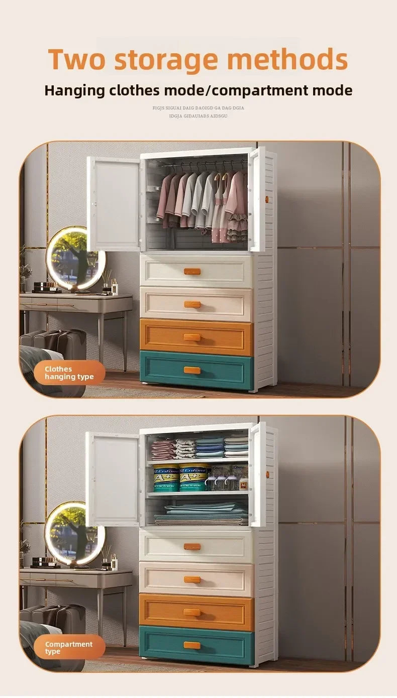 New model 70-Face wide thickened wardrobe simple bedroom plastic cabinet double door drawer type clothes hanging storage cabinet