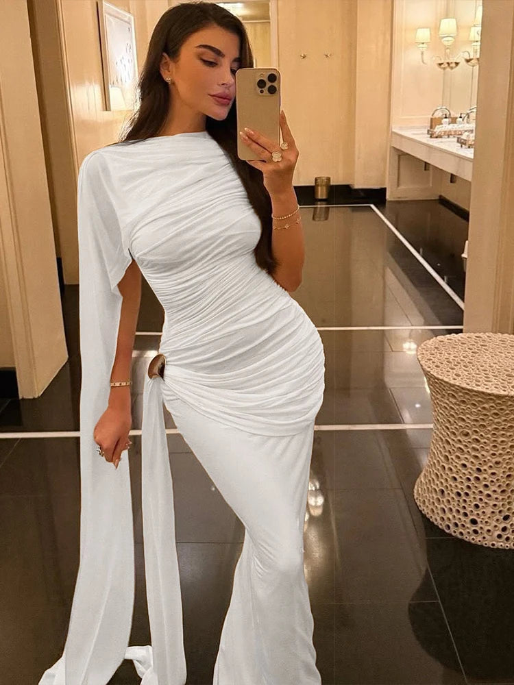 Kliou Ruched Elegant Gown Dress Woman o-Neck Sleeveless Ribbon Decoration Metal Trim High Waist Midnight Prom Party Long Bodycon