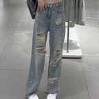 Female Cowboy Pants with Rhinestones Women's Torn Jeans High Waist Shot Wide Leg Trousers Summer Unique Shiny Original Pant 90s