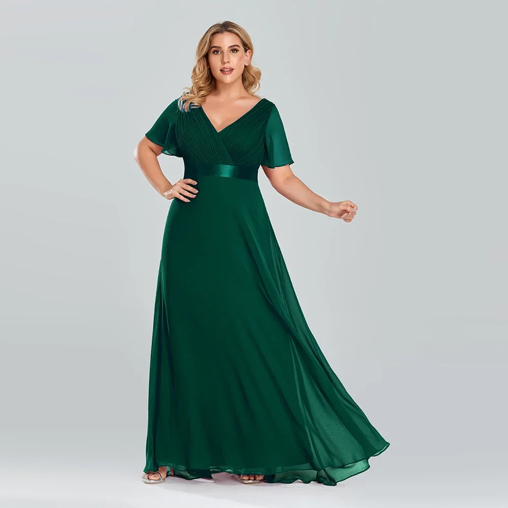 Prom Dresses Plus Size Evening Dresses Long  Elegant A Line V Neck Ruffles Chiffon Formal Wedding Party Dress Robe De Soiree