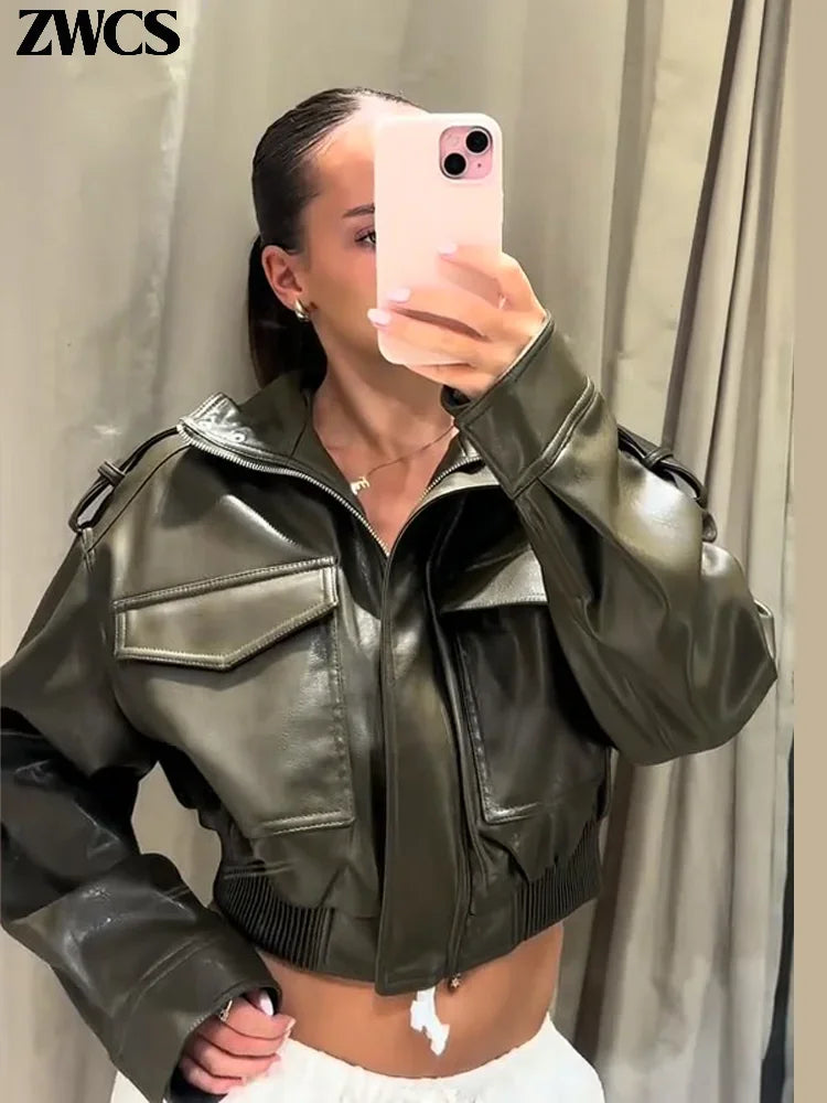 Vintage Zippers Short Leather Jackets Women's Casual Lapel Button Pockets Full Sleeve Coat 2025 Autumn New Lady Chic Streetwear Secondary image