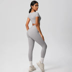 2PCS Woman Gym Sports Yoga Set Knitted Slim Workout Top Short Sleeve Quick Drying Legging Fitness Pants Running Sports Yoga Suit