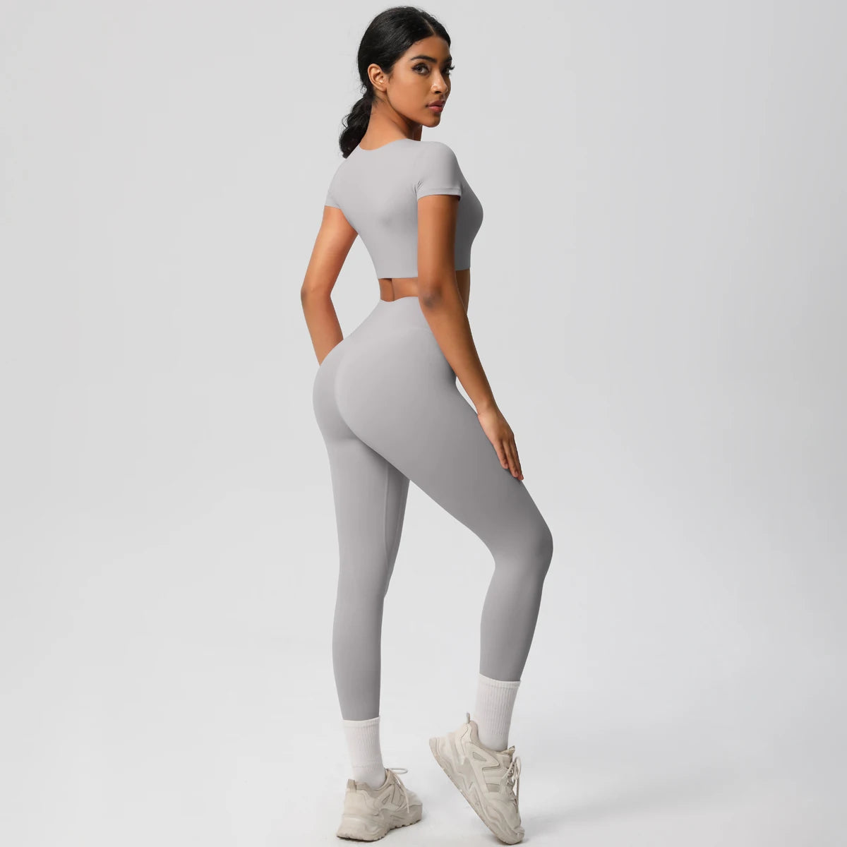 2PCS Woman Gym Sports Yoga Set Knitted Slim Workout Top Short Sleeve Quick Drying Legging Fitness Pants Running Sports Yoga Suit