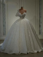 Customized One Shoulder Heavy Pearls Beads Ballgown Wedding Dresses Robe De Mariée Princess Fluffy Sparkle Sequins Bridal Gown