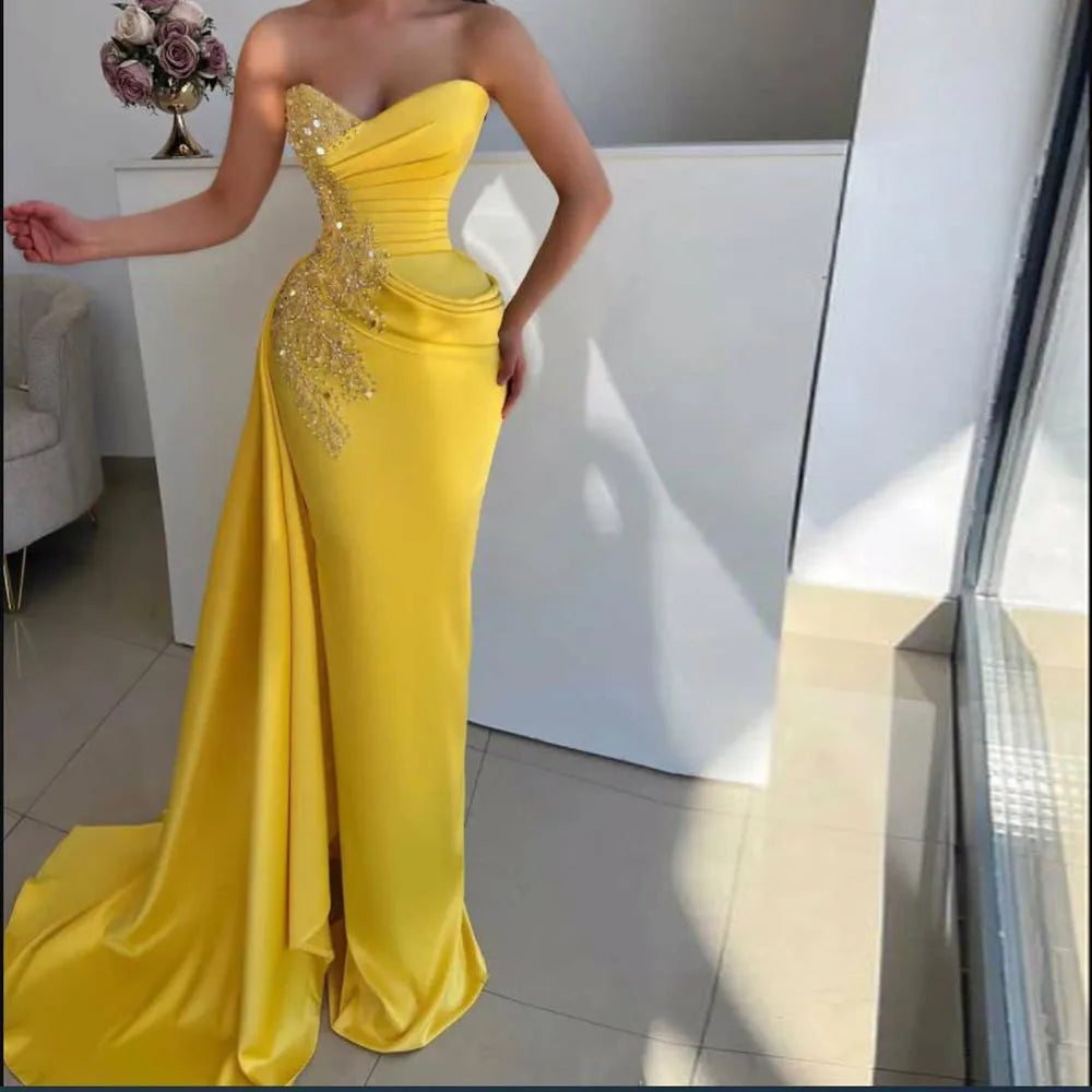 Customized Satin Yellow Mermaid Prom Dresses Crystals Sequined Sweetheart Neck Evening Formal Party Second Birthday Gown