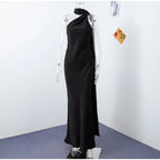 Elegant Ribbon Halter Dress Women Solid Off Shoulder Sleeveless Backless Slim Maxi Dresses 2026 Summer Autumn Party Robes Lady
