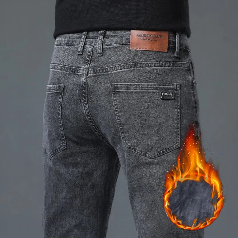 Men's Fleece Elastic Jeans Thick Warm Slim Fit Business Trousers Classic Solid Color Fashionable High-quality Trend Cozy Pants Main image