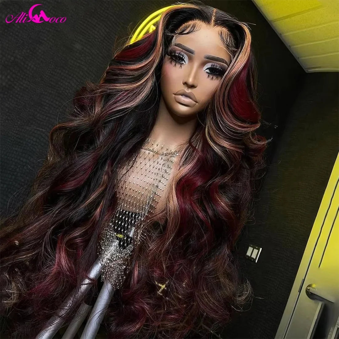 Black Red Blonde Highlight Wig180% Density Blonde Red Highlights 13X4 HD Lace Front Glueless Balayage Wigs Human Hair for Women