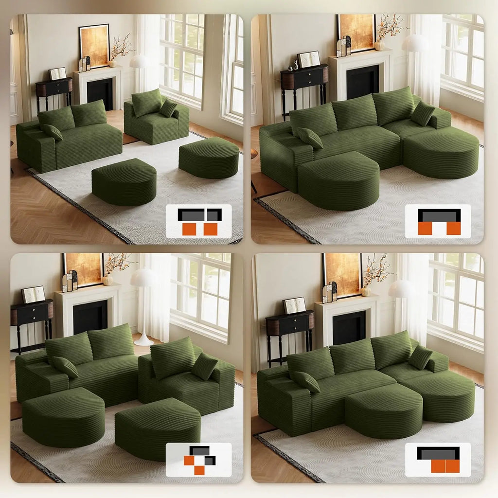108in U-Shape Modular Sectional Sofa Deep Seat Corduroy Oversize Ottoman Cloud Couch Small Apartment Green Custom