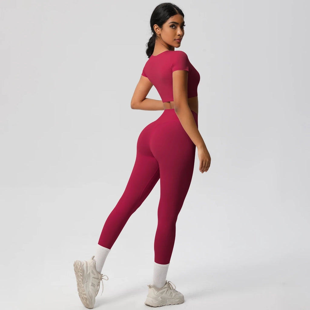 2PCS Woman Gym Sports Yoga Set Knitted Slim Workout Top Short Sleeve Quick Drying Legging Fitness Pants Running Sports Yoga Suit