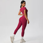 2PCS Woman Gym Sports Yoga Set Knitted Slim Workout Top Short Sleeve Quick Drying Legging Fitness Pants Running Sports Yoga Suit