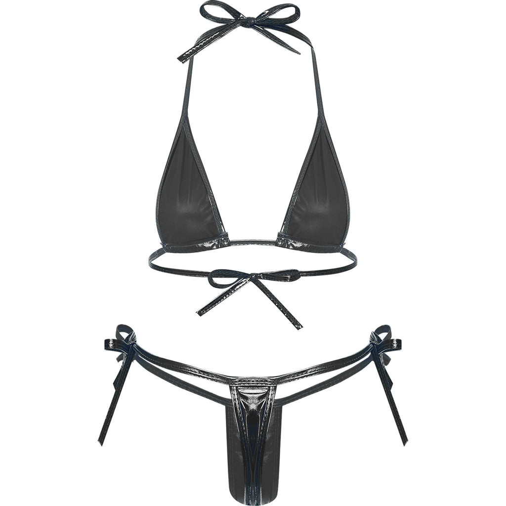 Womens Brazilian Micro Bikini Swimsuit Biquini Set Lacing Non-Padded Triangle Cup Bra Top with G-String Metallic Shiny Swimwear