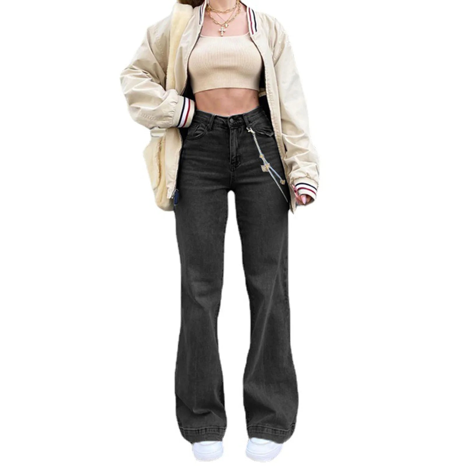 Women Denim Flared Pants Casual Solid Color Stretchy High Waist Bell Bottom Jeans Streetwear Baggy Jeans For Women Trousers