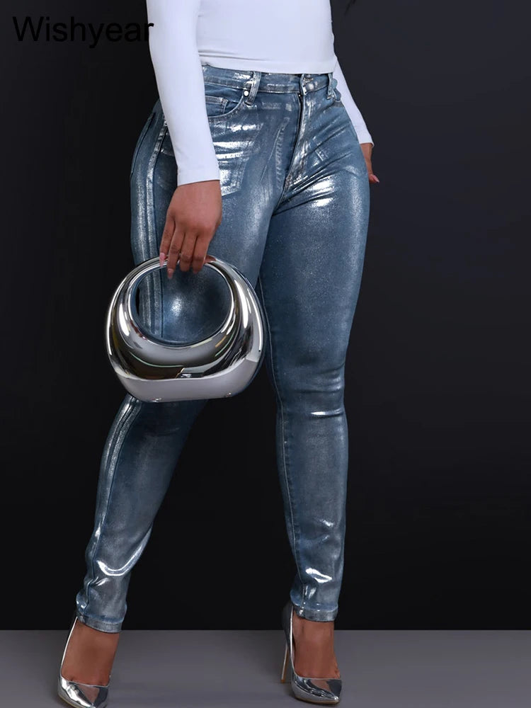 Fashion Hot Silver Skinny Jeans Women High Waist Washed Slim Stretch Denim Pencil Pants Cowboy Punk Trousers Streetwear Harajuku Secondary image