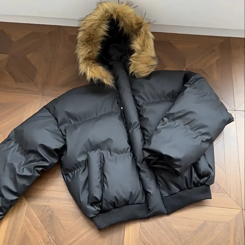 2024 American New Fashion Solid Color Fur Collar Hooded Cotton-padded Jacket Women Y2K Harajuku Gothic Hip-hop Pop Jacket Coat