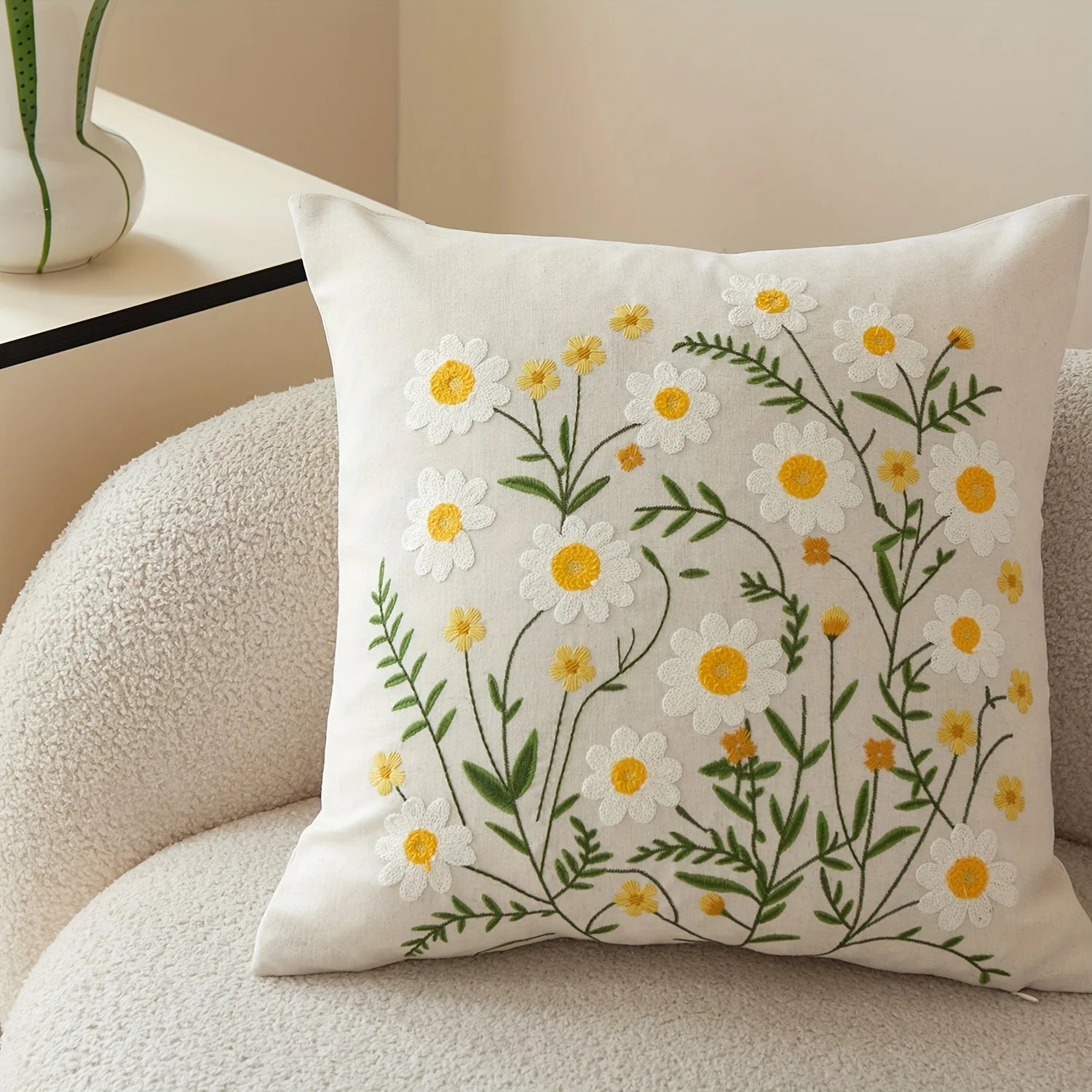 Double Sided Embroidered Daisy Pillow Cover Cute White Yellow Wildflower Print Soft Boho Throw Pillow Case for Spring Home Decor Secondary image