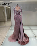 Modest Pink Evening Wedding Dresses Arabia Beaded Crystal Mermaid Prom Gowns Customized Formal Dress Elegant Gala Robe Soiree