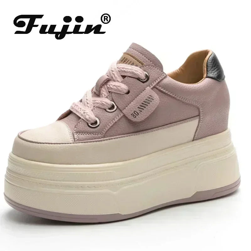 Fujin 9cm Cow Suede Genuine Leather Women Vulcanized Shoes Platform Wedge Skate Boarding High Brand Heels Casual Summer Shoes Main image