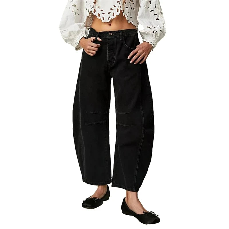 Midiross High Stretch Mid-Rise Barrel Jeans Fashion wide Leg Shape Women Casual Baggy Mid Waist Denim Pants