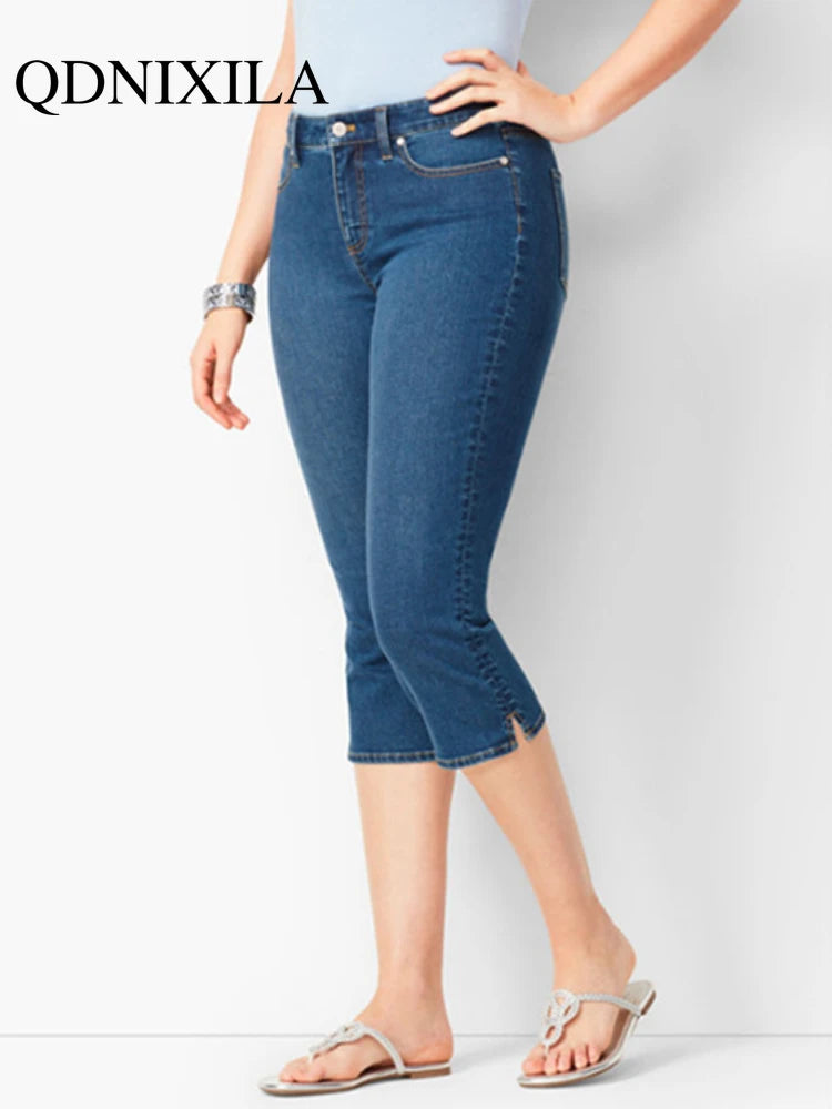 Woman's Jeans Black Denim Pants Ladies Cropped Trousers Skinny  Knee Length Jeans Women Elastic High Waist Mom Jeans Oversize Main image