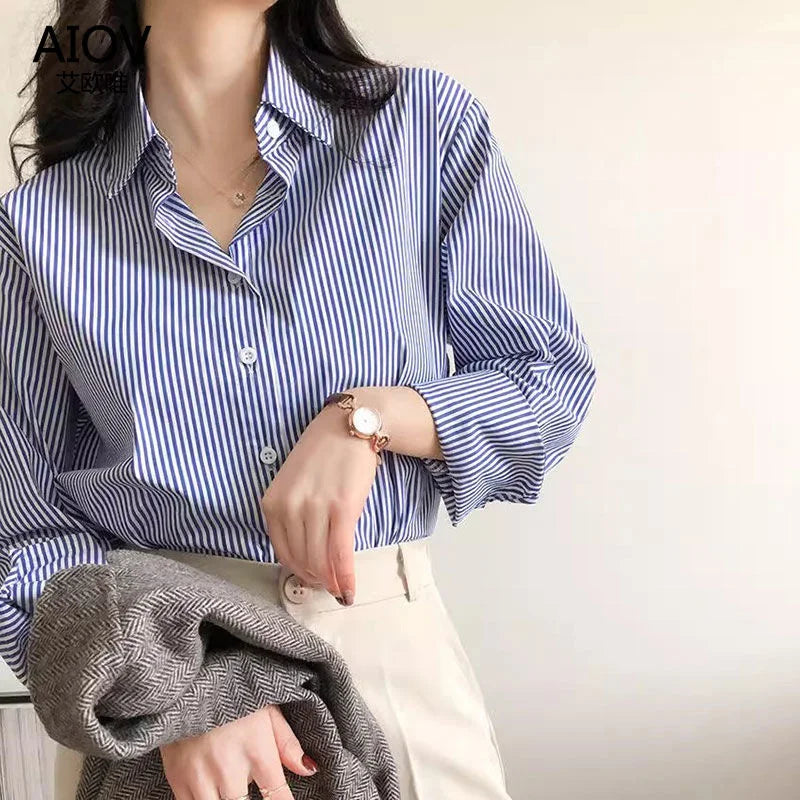 Classic Striped Woman Spring Autumn Blouses Shirt Lady Long Lantern Sleeve Stand Collar Loose Blusas Tops Secondary image