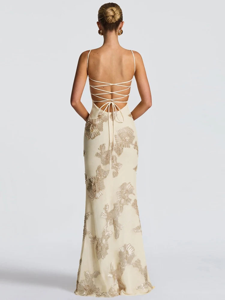 Nibber Elegant Flower Embroidery Maxi Dress Women Low-Neck Cross Bandage Backless Summer Street Trend Skinny Holiday Vestidos