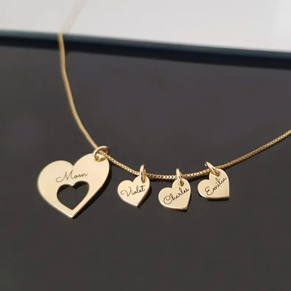 Personalized Name Hearts Necklace For Mom Engraved With Multiple Kids Names Customized Stainless Steel Jewelry Mother's Day Gift