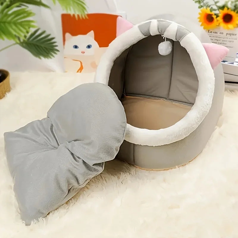 1 Comfortable Cartoon Cat House with Removable Pad, Modern Style Pet Bed Cave, Indoor Plush House Bed with Pompom
