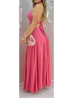 Women's Pink Two Piece Set Halter Collar Crop Top Split Maxi Skirt Ideal for Evening Parties Summer Weddings Chic Outings