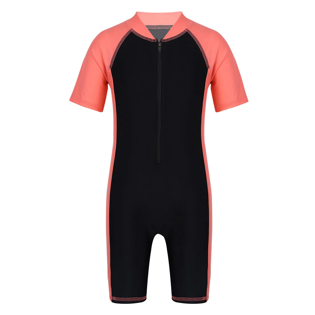 Wetsuits Kids Boys Girls Swimwear Swimsuits Short Sleeves Bodysuit Zippered Shorty Unitard Children's Bathing Suit Wetsuit