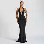 Sexy Deep V-neck Backless Halter Maxi Dresses Women's Sleeveless High Waist Bodycon Pleated Robe 2026 New Evening Party Gown