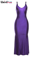 Weird Puss Sexy Backless Women Evening Maxi Dress Folds V-Neck Sleeveless Coquette Elegant Mermaid Matching Banquet Prom Bodycon