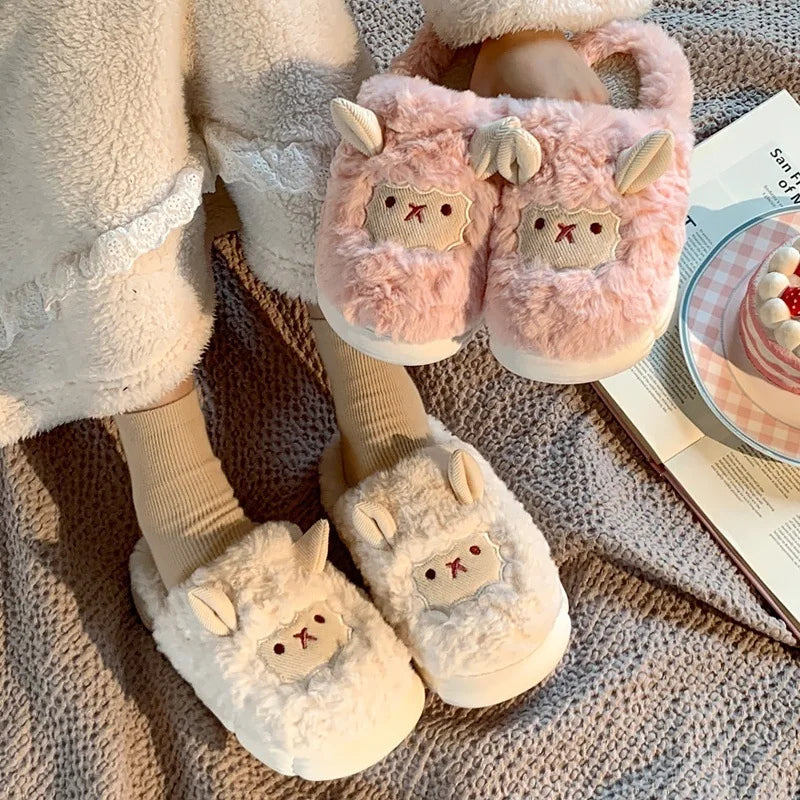 Winter Cartoon Plush Slippers Warm Fluffy Faux Fur Sheep Design Indoor Home Couple Cotton Slippers for Men And Women Secondary image