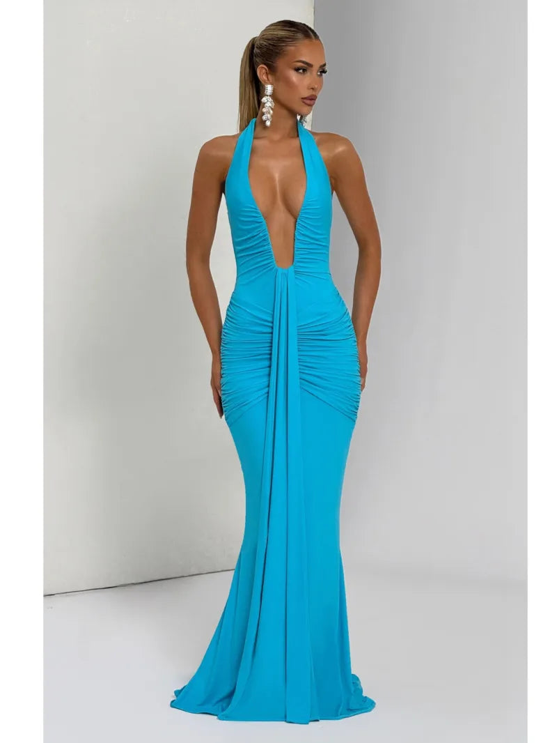 Deep V Neck Draped Ruched Sexy Maxi Dress Women Summer Fashion Halter Sleeveless Backless Club Party Long Dress Elegant BM98 Main image