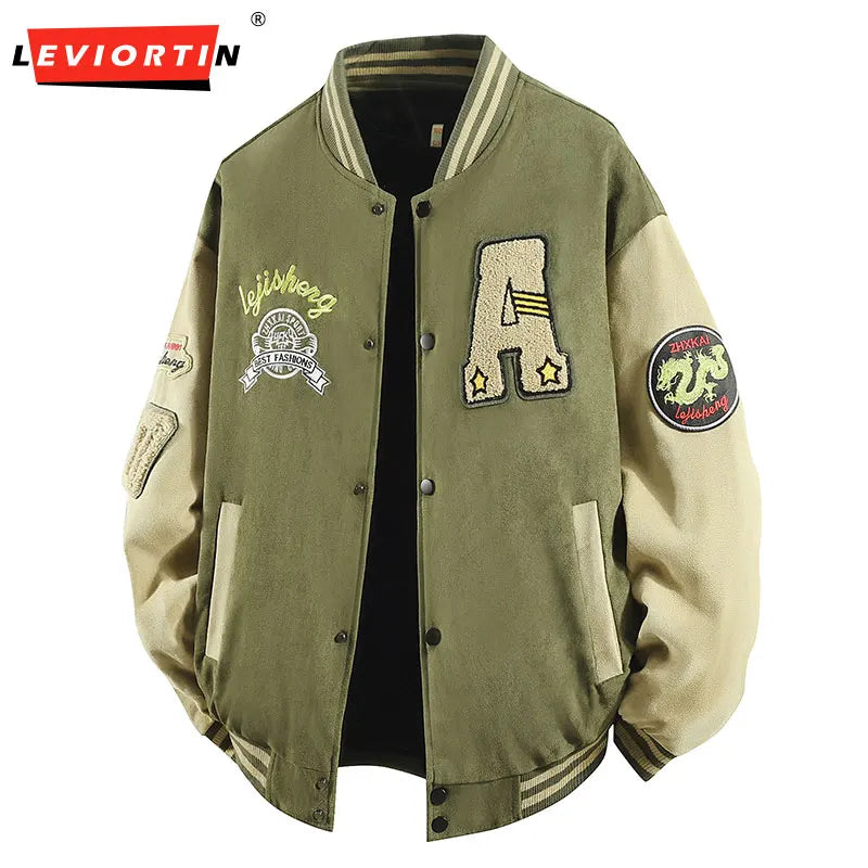 Hip Hop Men's Suede Embroidered Varsity Jacket Color Block Letter Graphic Long Sleeve Baseball Jacket Bomber Coat Main image