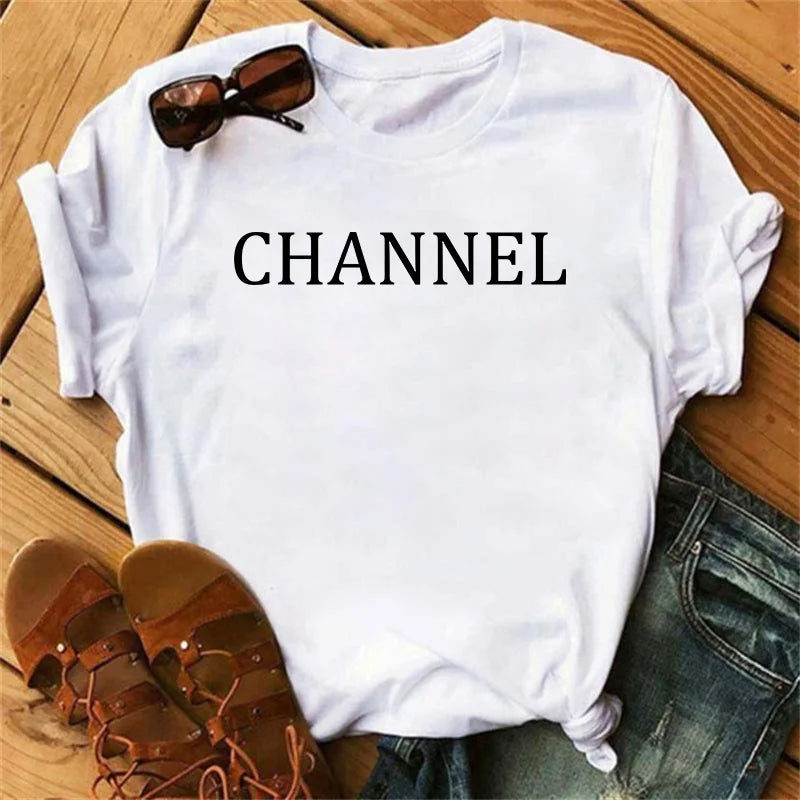 100% pure cotton summer loose-fitting CHANNEL letter print casual fitted round-neck short-sleeve t-shirt top Main image
