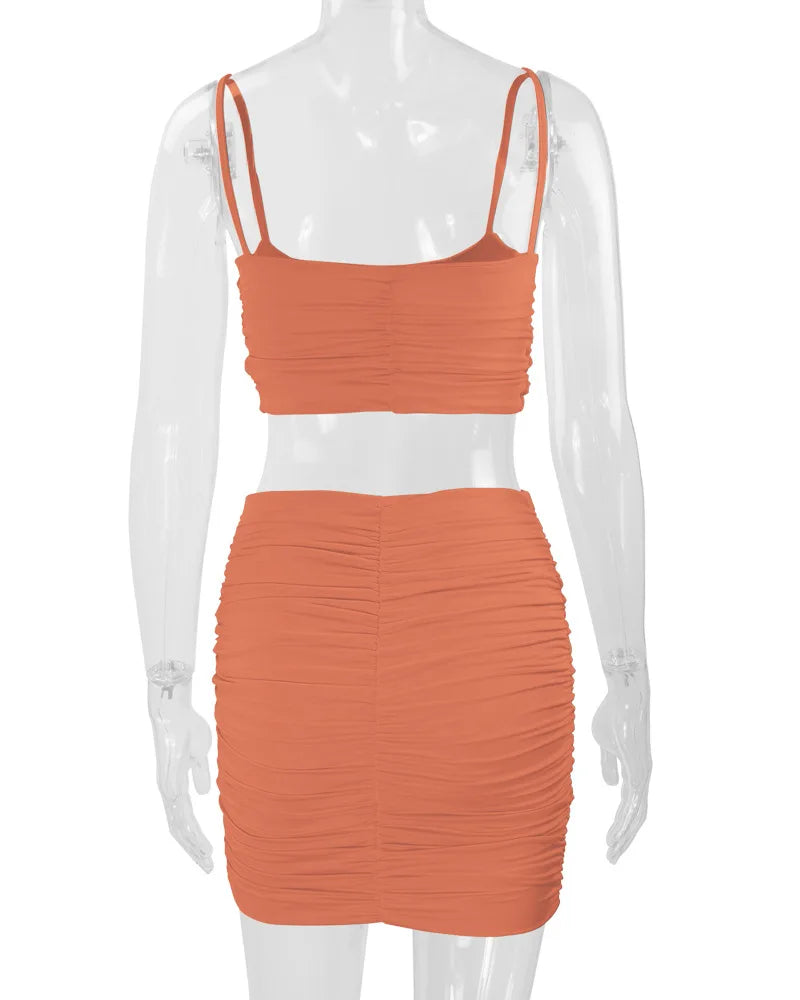 Women's New Sexy Sleeveless Strap Small Tank Top Short Top Fashion Wrinkle Bag Hip Skirt Two Piece Set