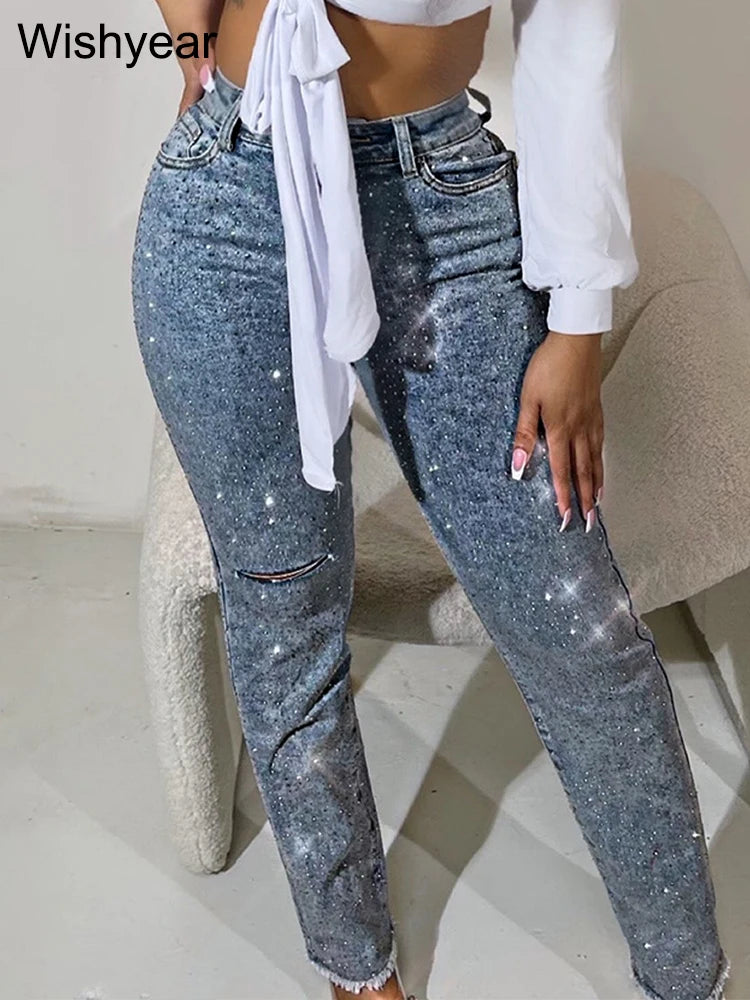 Fashion Skinny Stretch Jeans for Women Luxury Diamonds Hole Pencil Pants High Waist Washed Streetwear Y2k Streetwear Trousers Secondary image