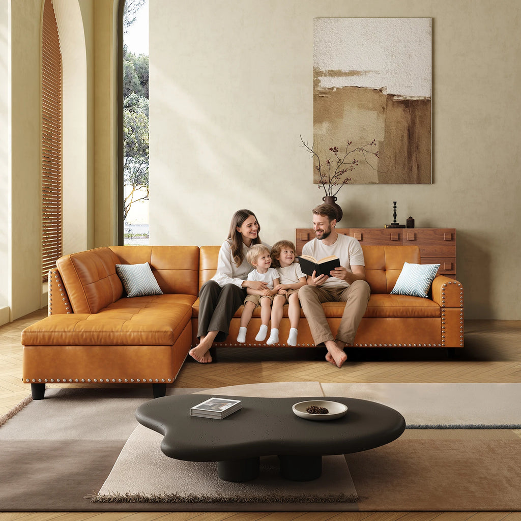 97.5" Faux Leather Sectional Sofa with Chaise Lounge, 2 Cup Holders & Pillows, 6-Seater Upholstered Tufting Corner,Stylish and C