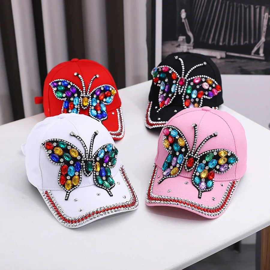 Fashionable And Versatile Outdoor Casual Baseball Cap With Colorful Diamond Inlay, Trendy Butterfly, Middle-Aged Duckbill Cap
