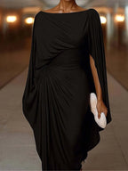Elegant High Waist Solid Color Banquet Dress Lady Leisure Irregular Long Sleeve Dress Sexy Slash Collar Pleat Slim Evening Dress