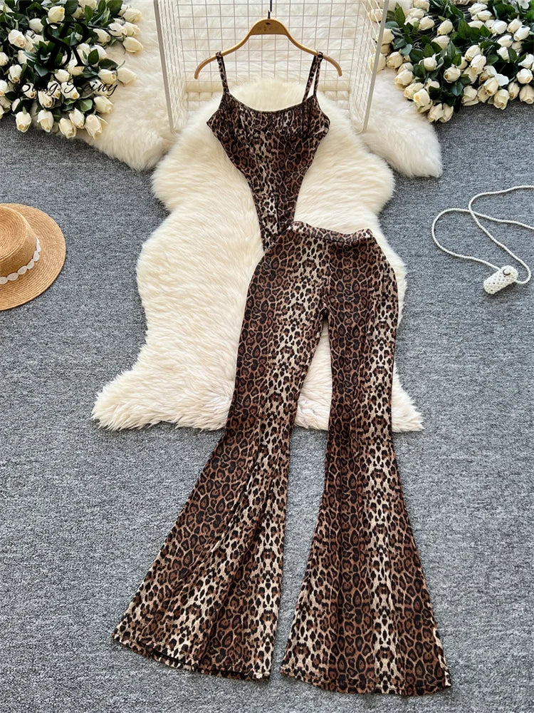 SINGREINY 2026 Newest Leopard 2pcs Suits Women Sexy Strap Tops+Elastic Waist Flared Pants American Ins Fashion Hotsweet Sets Main image